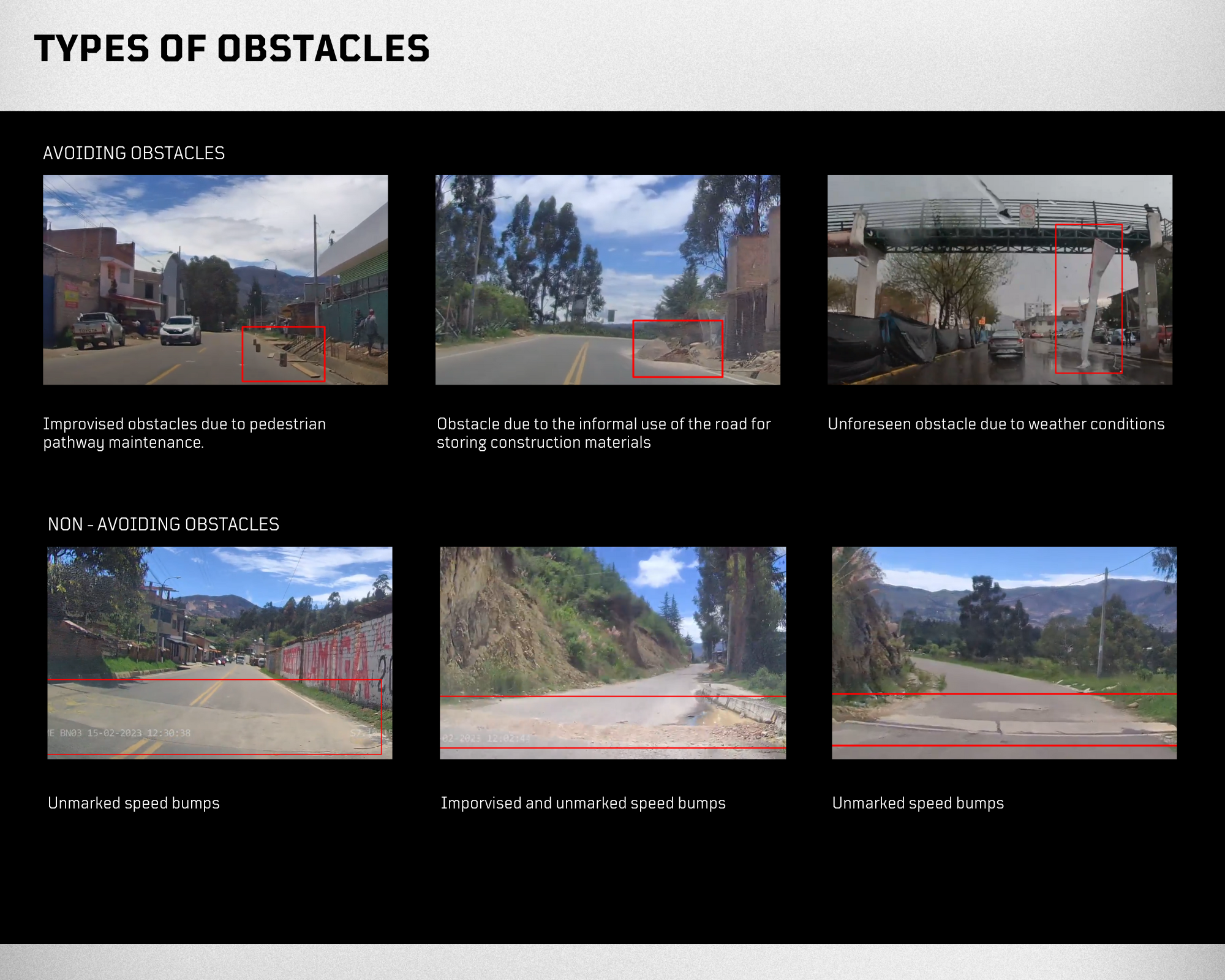 Collage of diverse vehicles and obstacles captured in dataset